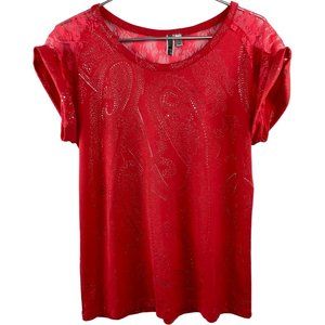 BKE Buckle Lace Inset with Splashes of Silver Tee Size M